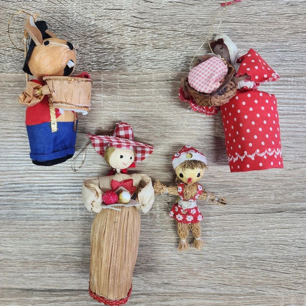MCM VINTAGE Straw Mouse Scarecrow Corn Husk Lady Christmas Ornament Lot